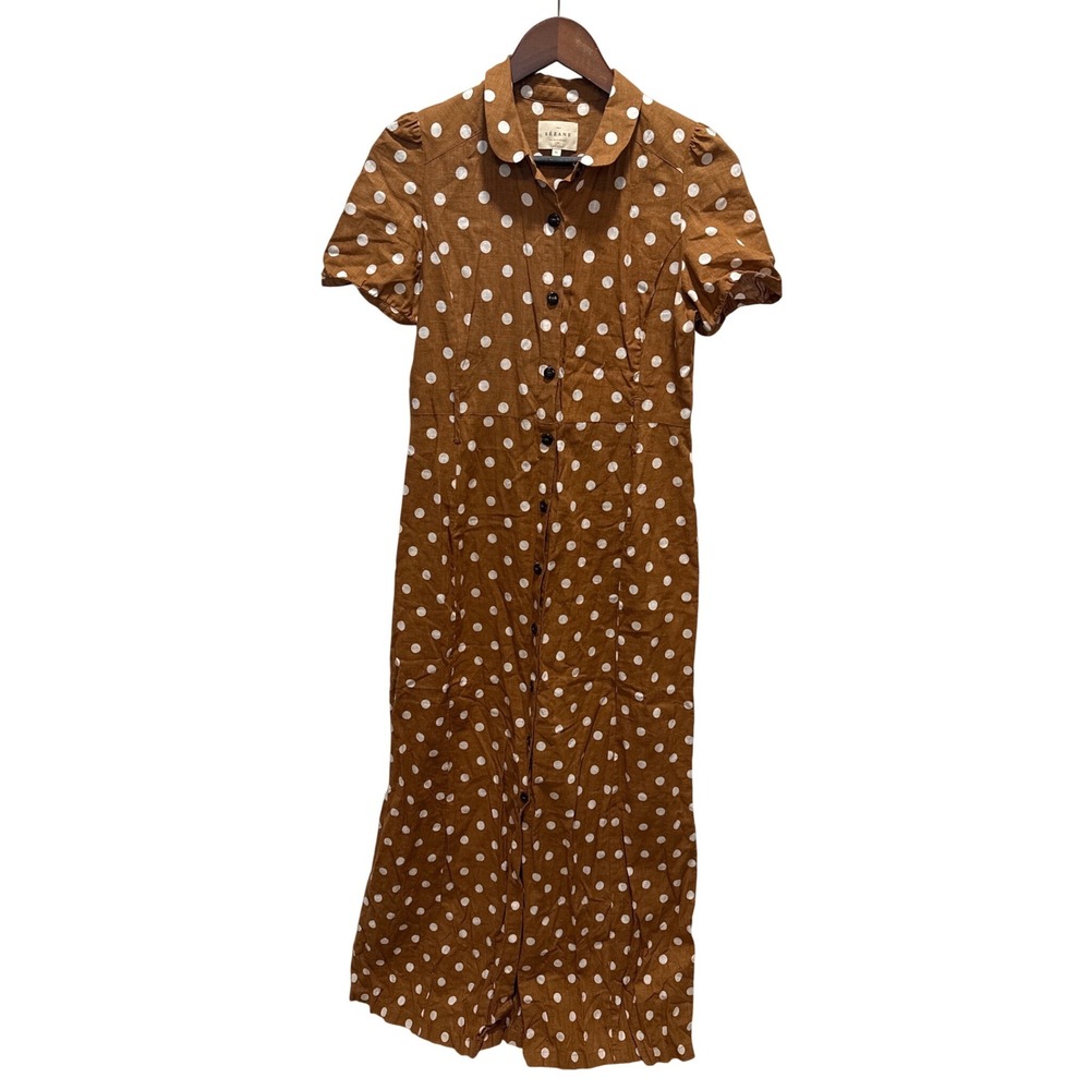 Sezane Polka Dot Linen Maxi Dress Brown White Button Front Short Sleeve Size 36